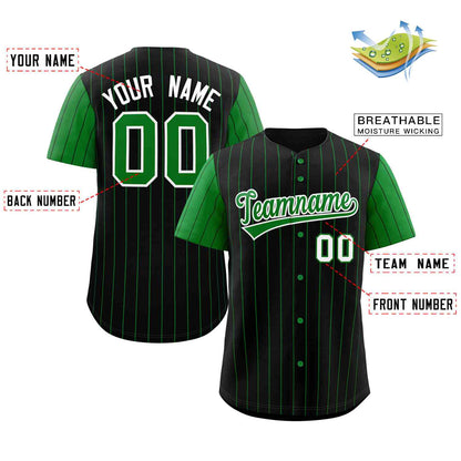 Custom Black Kelly Green-White Stripe Fashion Raglan Sleeves Authentic Baseball Jersey