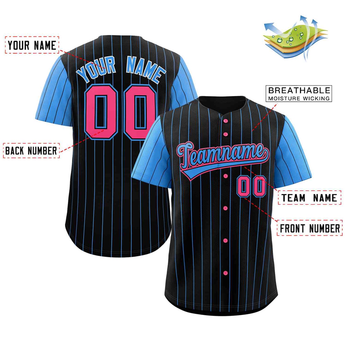 Custom Black Powder Blue Stripe Fashion Raglan Sleeves Authentic Baseball Jersey