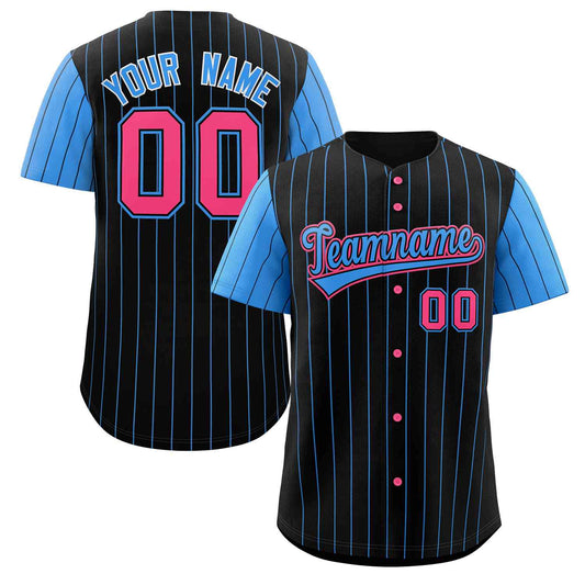 Custom Black Powder Blue Stripe Fashion Raglan Sleeves Authentic Baseball Jersey