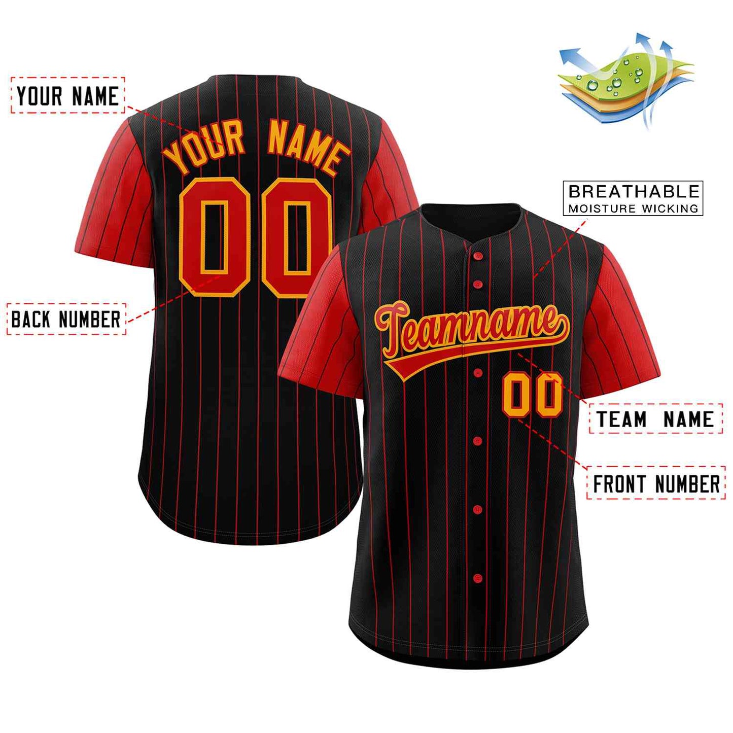 Custom Black Red-Yellow Stripe Fashion Raglan Sleeves Authentic Baseball Jersey