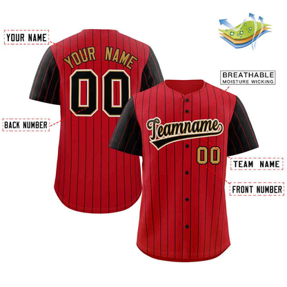 Custom Red Black-Old Gold Stripe Fashion Raglan Sleeves Authentic Baseball Jersey