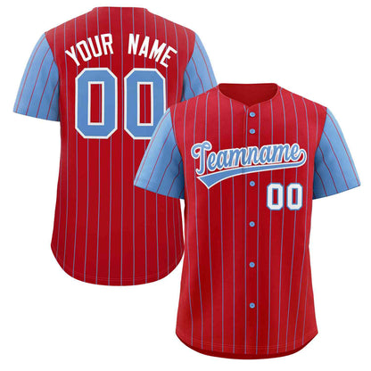 Custom Red Light Blue-White Stripe Fashion Raglan Sleeves Authentic Baseball Jersey