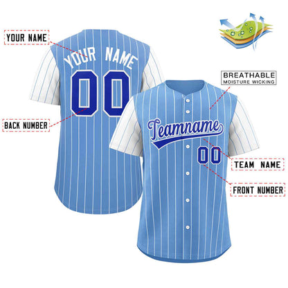 Custom Light Blue Royal-White Stripe Fashion Raglan Sleeves Authentic Baseball Jersey