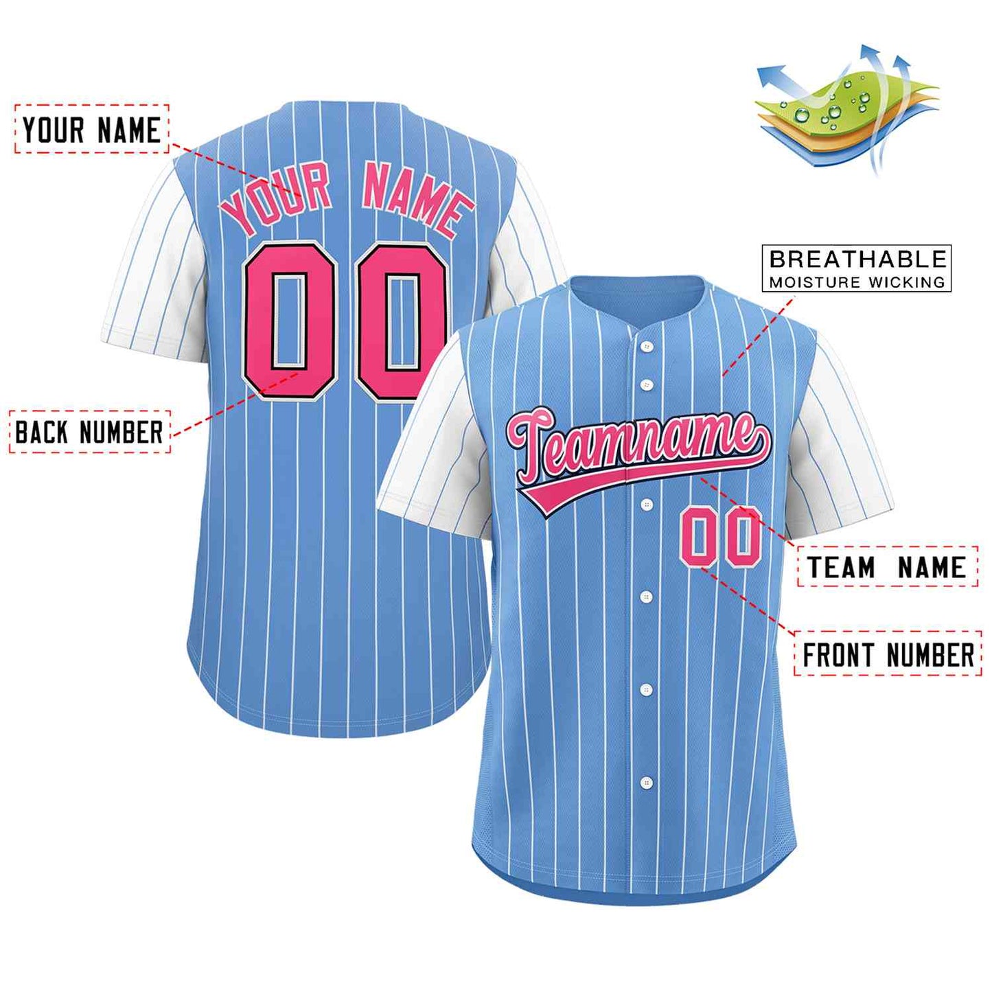 Custom Light Blue Pink-White Stripe Fashion Raglan Sleeves Authentic Baseball Jersey