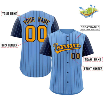 Custom Light Blue Yellow-Navy Stripe Fashion Raglan Sleeves Authentic Baseball Jersey