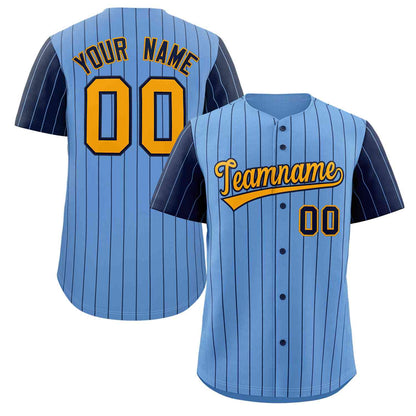 Custom Light Blue Yellow-Navy Stripe Fashion Raglan Sleeves Authentic Baseball Jersey