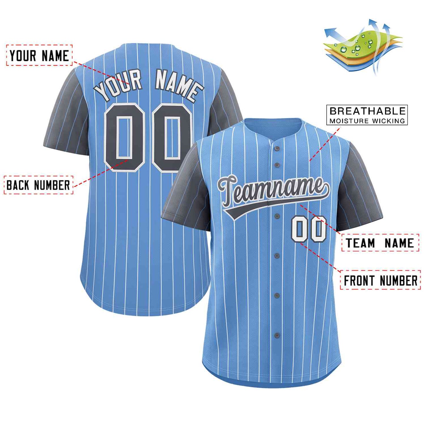 Custom Light Blue Dark Gray-White Stripe Fashion Raglan Sleeves Authentic Baseball Jersey