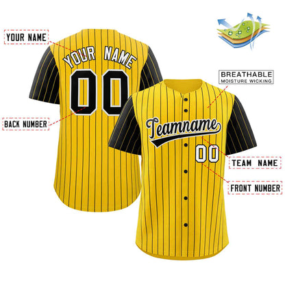 Custom Gold Black-White Stripe Fashion Raglan Sleeves Authentic Baseball Jersey