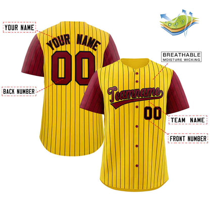 Custom Gold Crimson-Black Stripe Fashion Raglan Sleeves Authentic Baseball Jersey