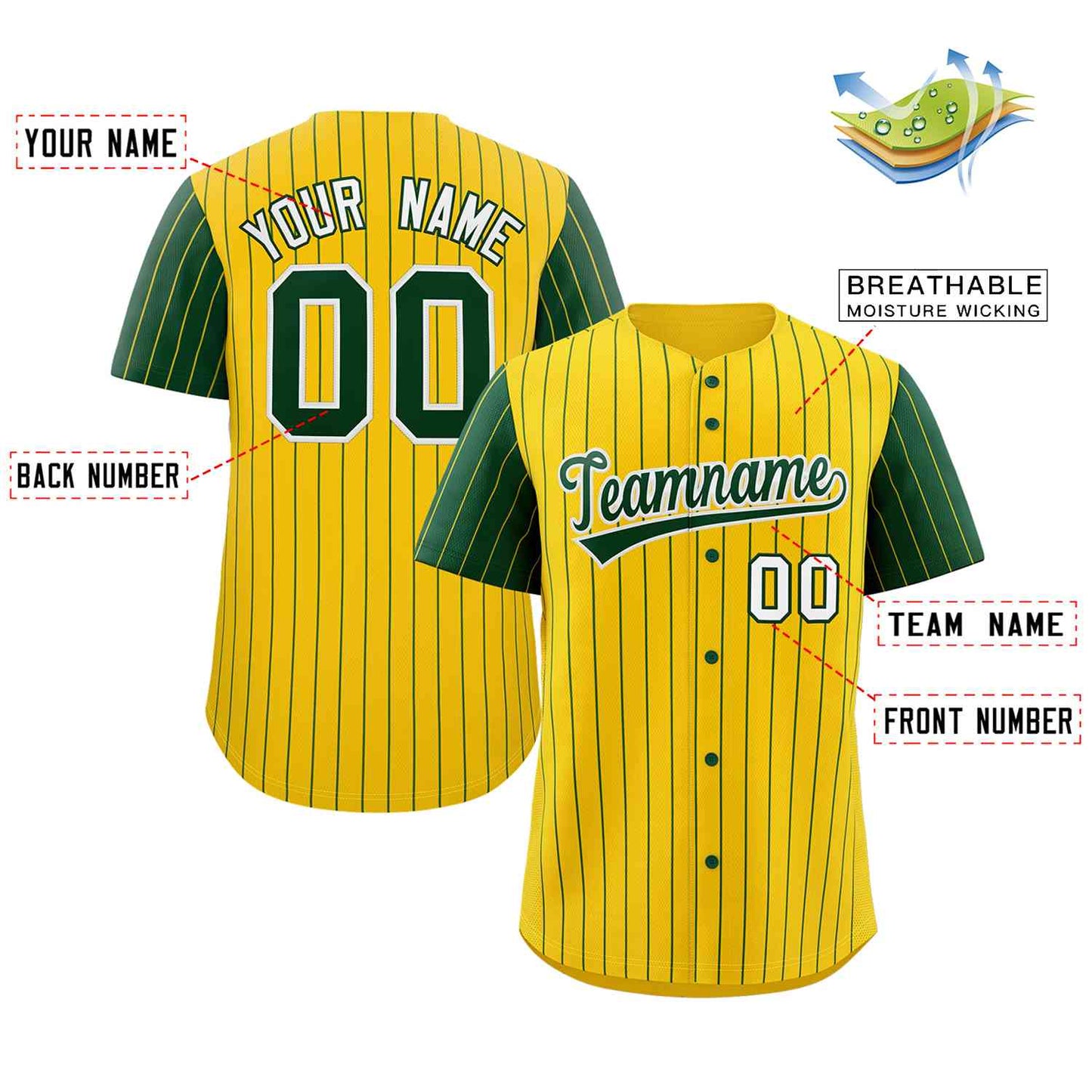 Custom Gold Green-White Stripe Fashion Raglan Sleeves Authentic Baseball Jersey