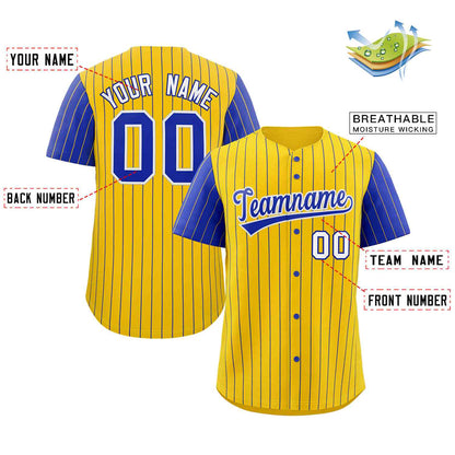 Custom Gold Royal-White Stripe Fashion Raglan Sleeves Authentic Baseball Jersey