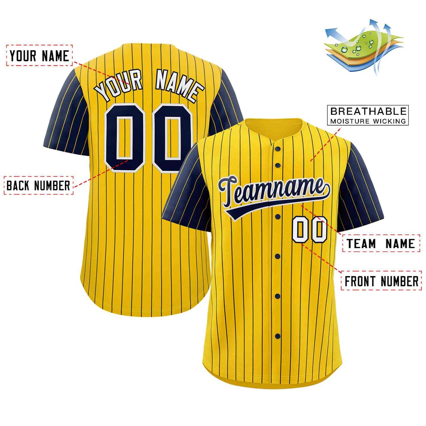 Custom Gold Navy-White Stripe Fashion Raglan Sleeves Authentic Baseball Jersey