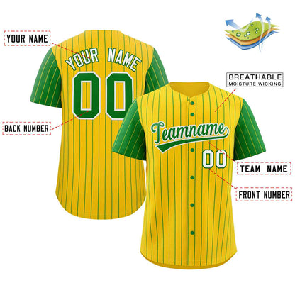 Custom Gold Kelly Green-White Stripe Fashion Raglan Sleeves Authentic Baseball Jersey