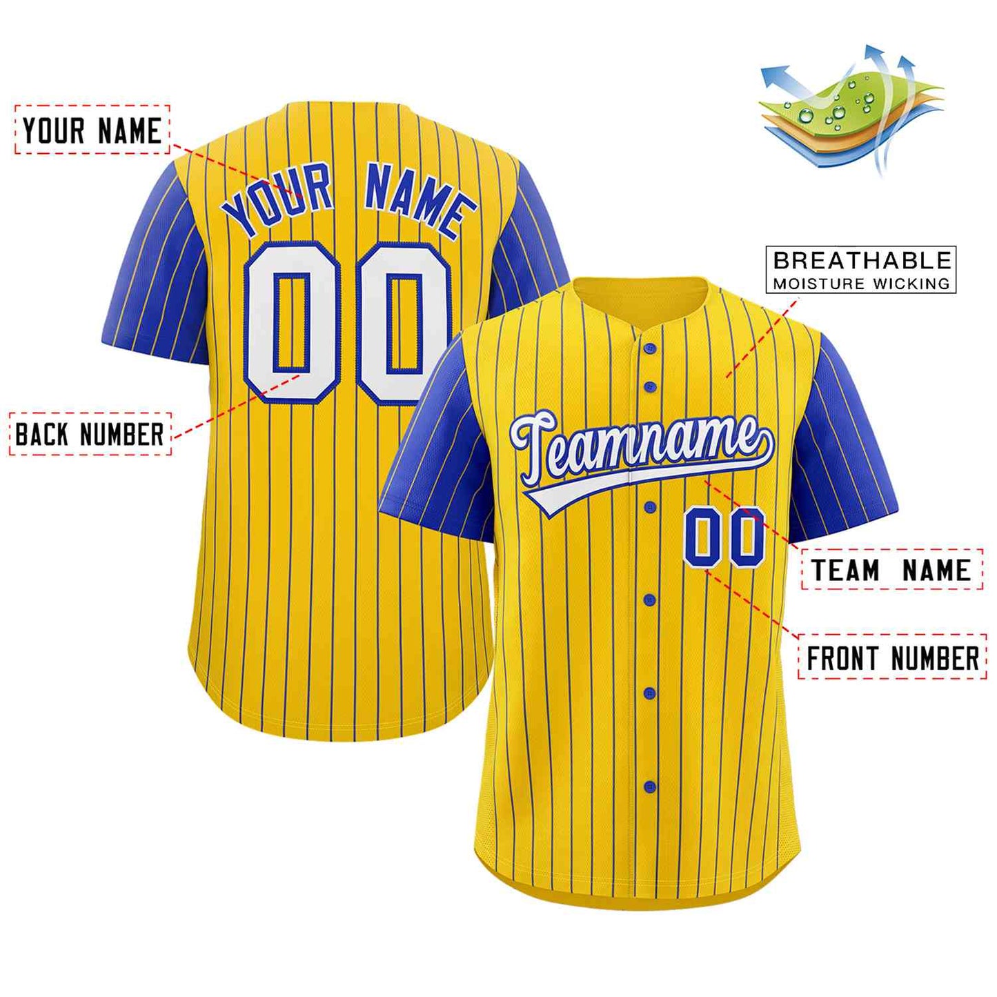 Custom Gold White-Royal Stripe Fashion Raglan Sleeves Authentic Baseball Jersey