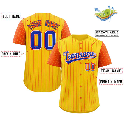 Custom Gold Royal-White Stripe Fashion Raglan Sleeves Authentic Baseball Jersey