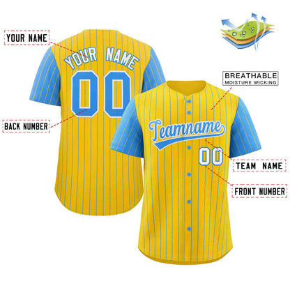 Custom Gold Powder Blue-White Stripe Fashion Raglan Sleeves Authentic Baseball Jersey