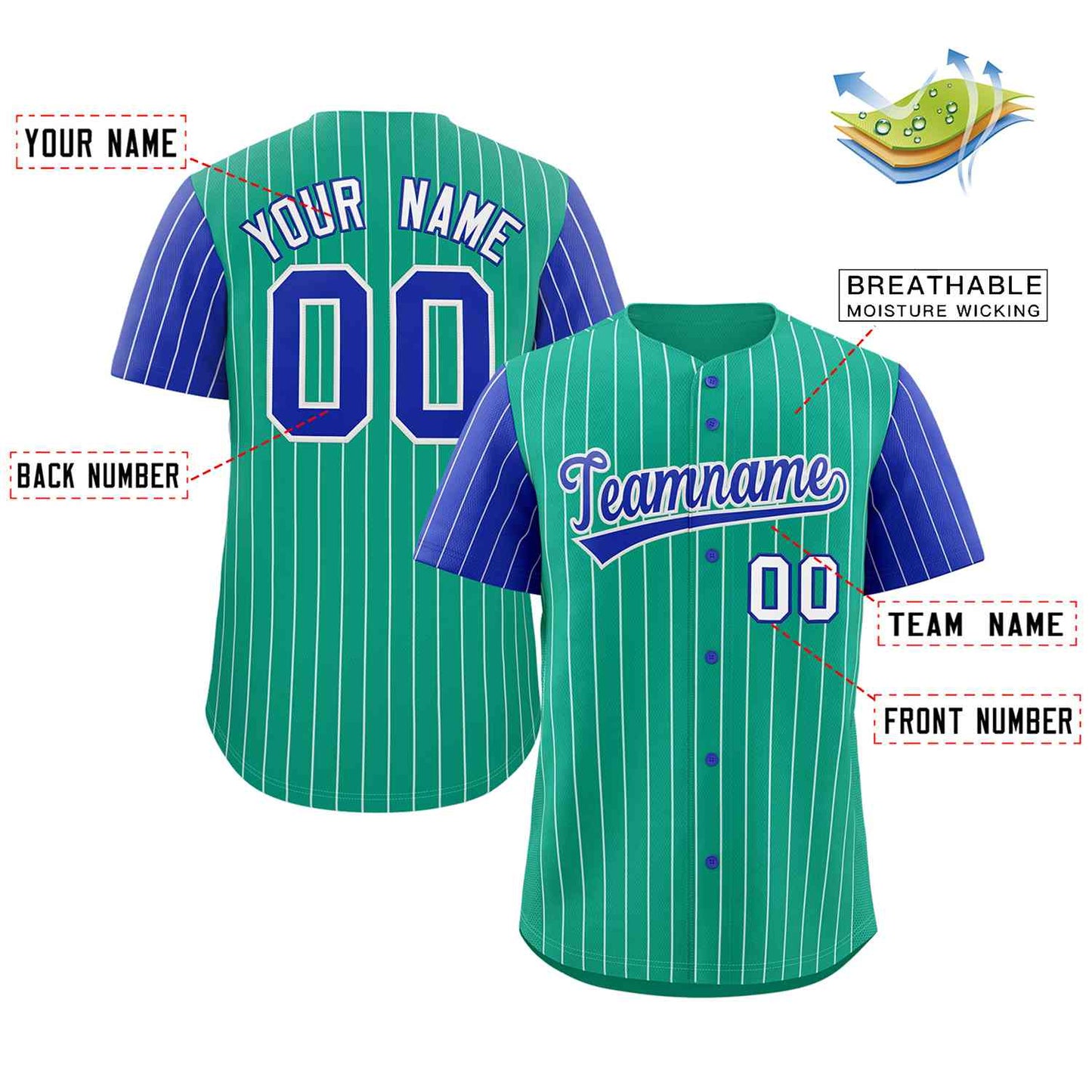 Custom Teal Royal-White Stripe Fashion Raglan Sleeves Authentic Baseball Jersey