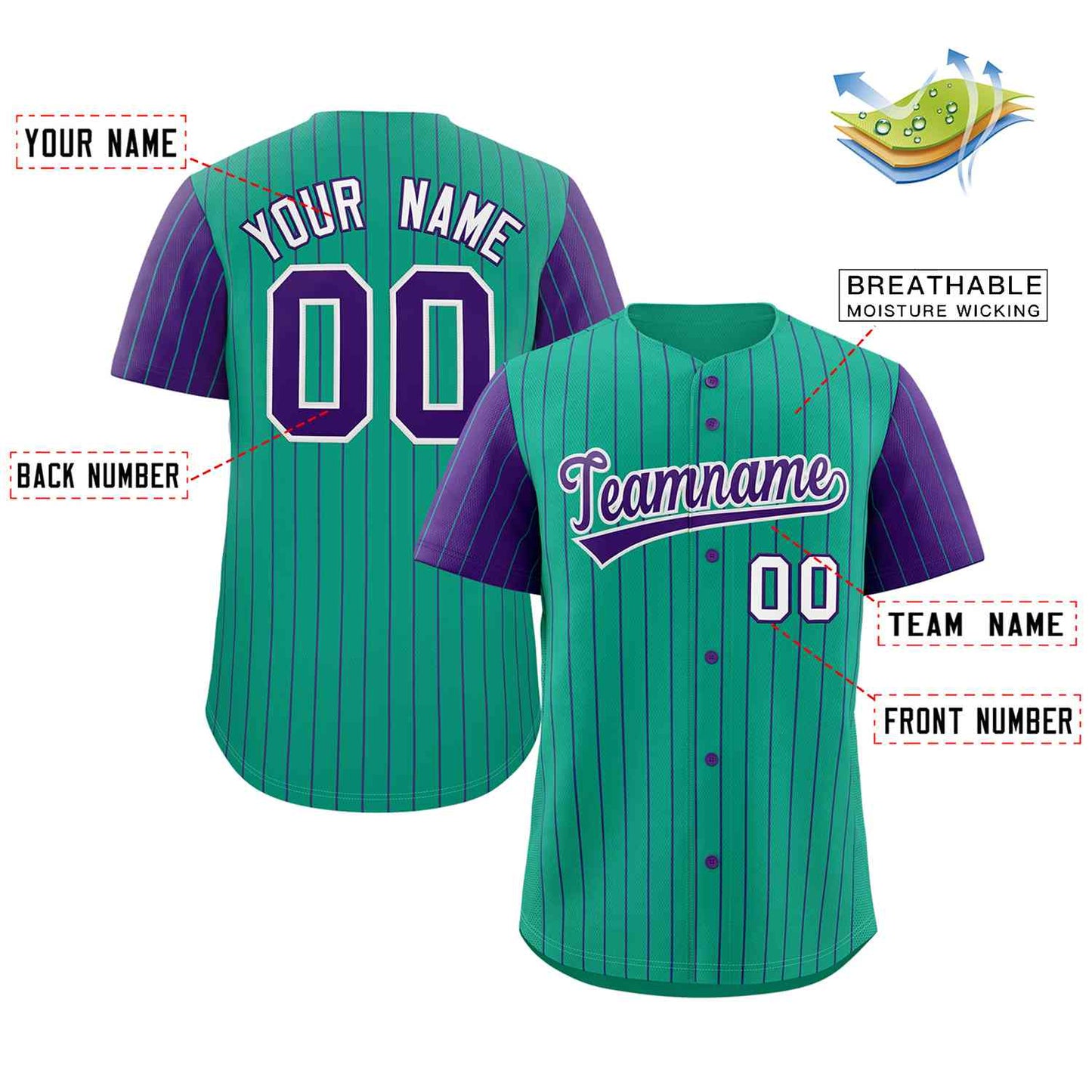 Custom Teal Purple-White Stripe Fashion Raglan Sleeves Authentic Baseball Jersey