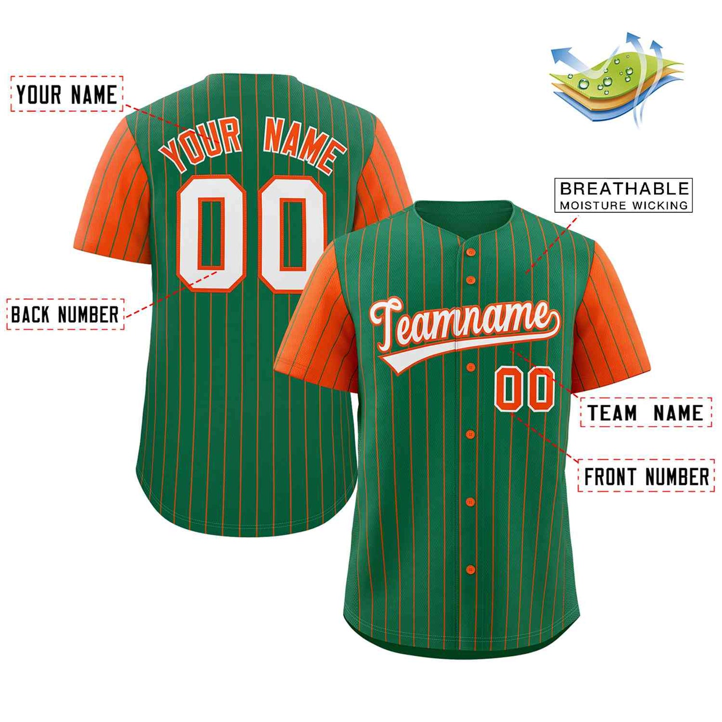 Custom Kelly Green White-Orange Stripe Fashion Raglan Sleeves Authentic Baseball Jersey