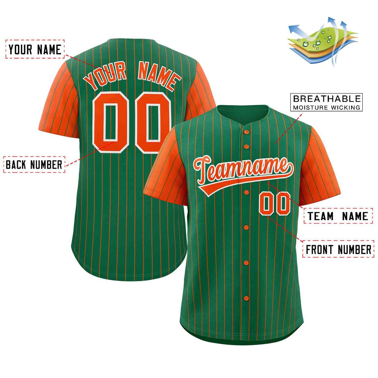 Custom Kelly Green Orange-White Stripe Fashion Raglan Sleeves Authentic Baseball Jersey