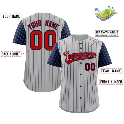 Custom Gray Red-Navy Stripe Fashion Raglan Sleeves Authentic Baseball Jersey