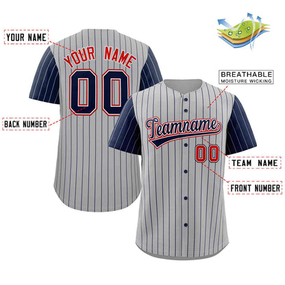 Custom Gray Navy-White Stripe Fashion Raglan Sleeves Authentic Baseball Jersey