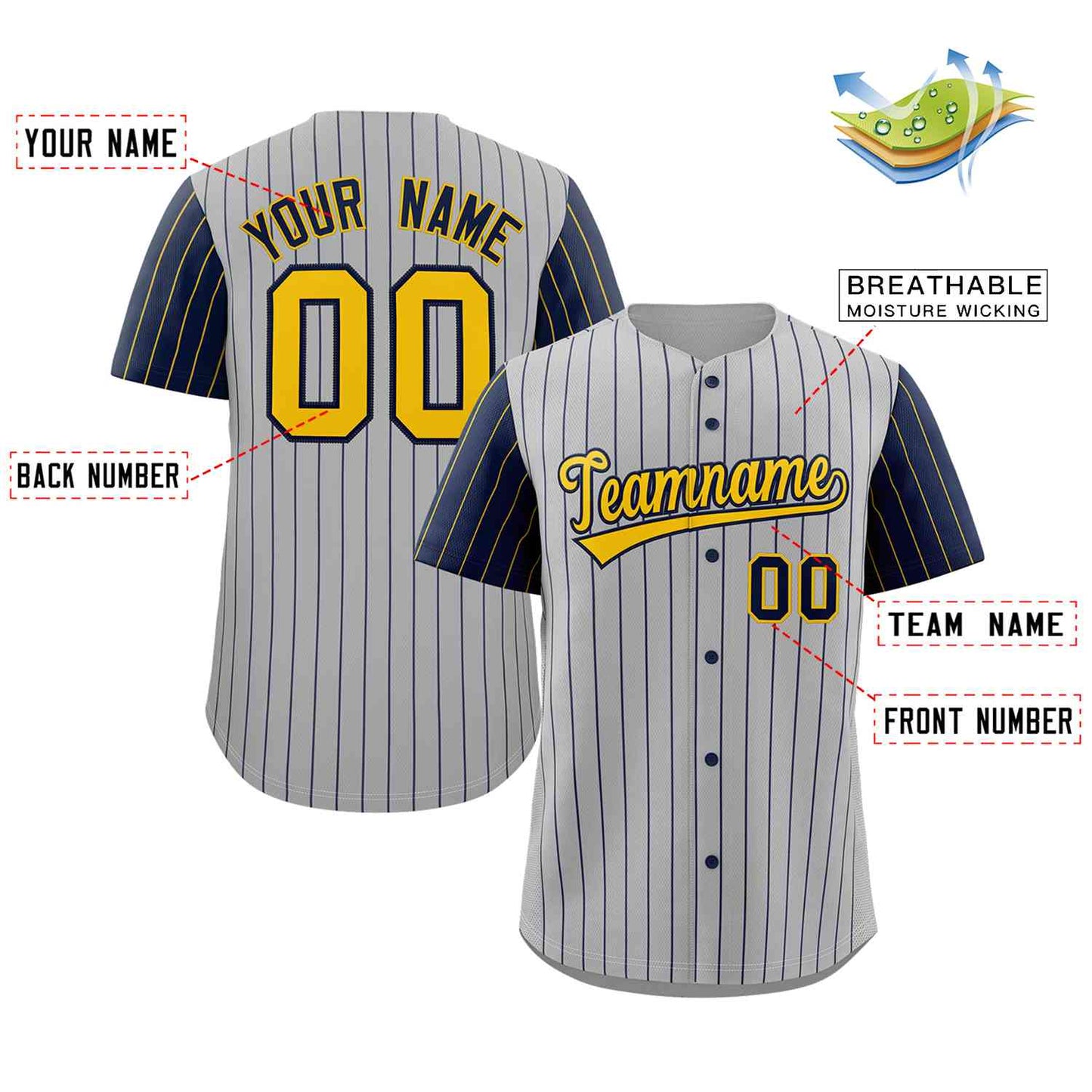 Custom Gray Gold-Navy Stripe Fashion Raglan Sleeves Authentic Baseball Jersey