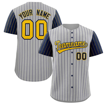 Custom Gray Gold-Navy Stripe Fashion Raglan Sleeves Authentic Baseball Jersey