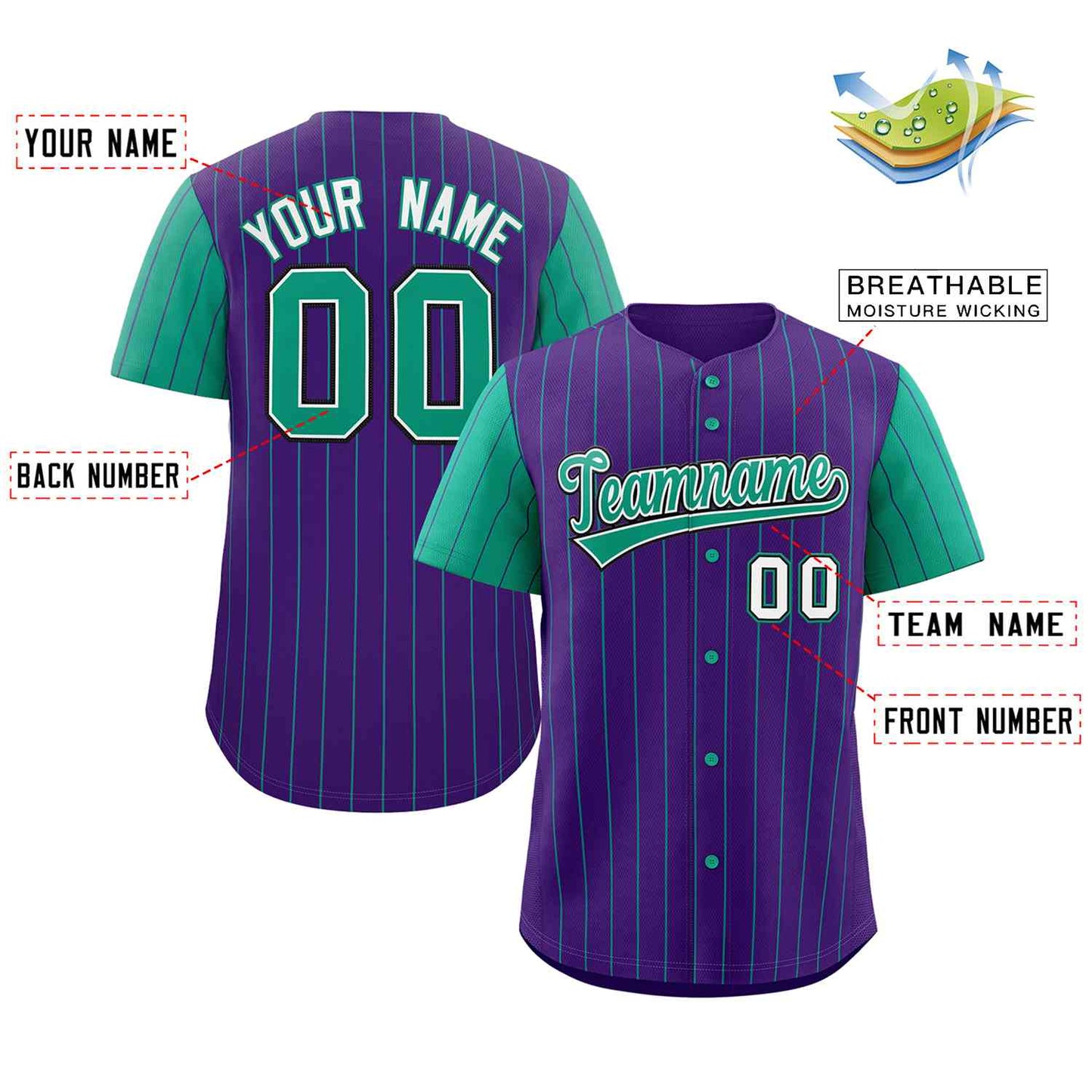 Custom Purple Teal-White Stripe Fashion Raglan Sleeves Authentic Baseball Jersey