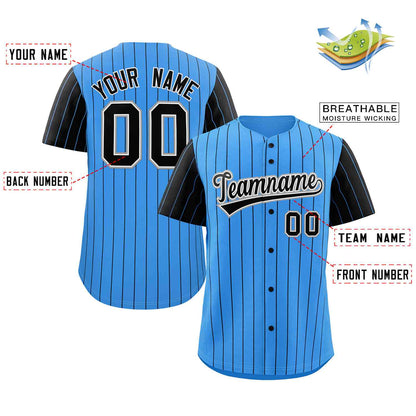 Custom Powder Blue Black-White Stripe Fashion Raglan Sleeves Authentic Baseball Jersey