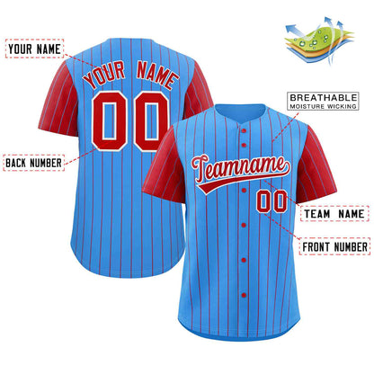 Custom Powder Blue Red-White Stripe Fashion Raglan Sleeves Authentic Baseball Jersey