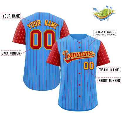 Custom Powder Blue Yellow-Red Stripe Fashion Raglan Sleeves Authentic Baseball Jersey