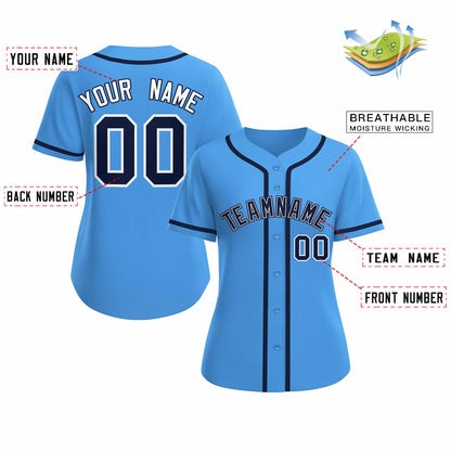 Custom Powder Blue Navy White Classic Style Baseball Jersey for Women