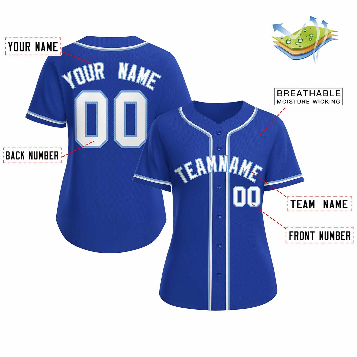 Custom Royal White Light Blue Classic Style Baseball Jersey for Women