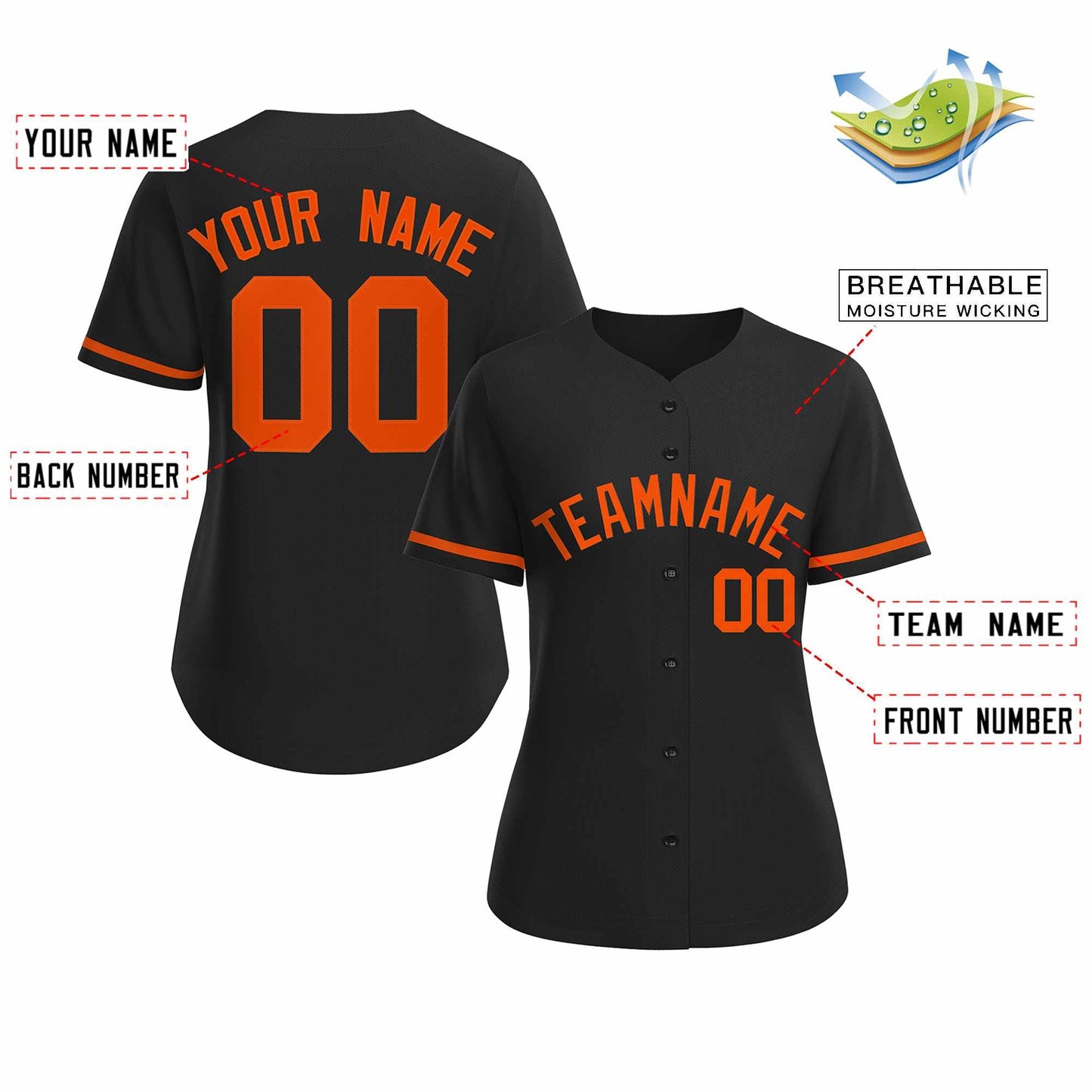 Custom Black Orange Classic Style Baseball Jersey for Women