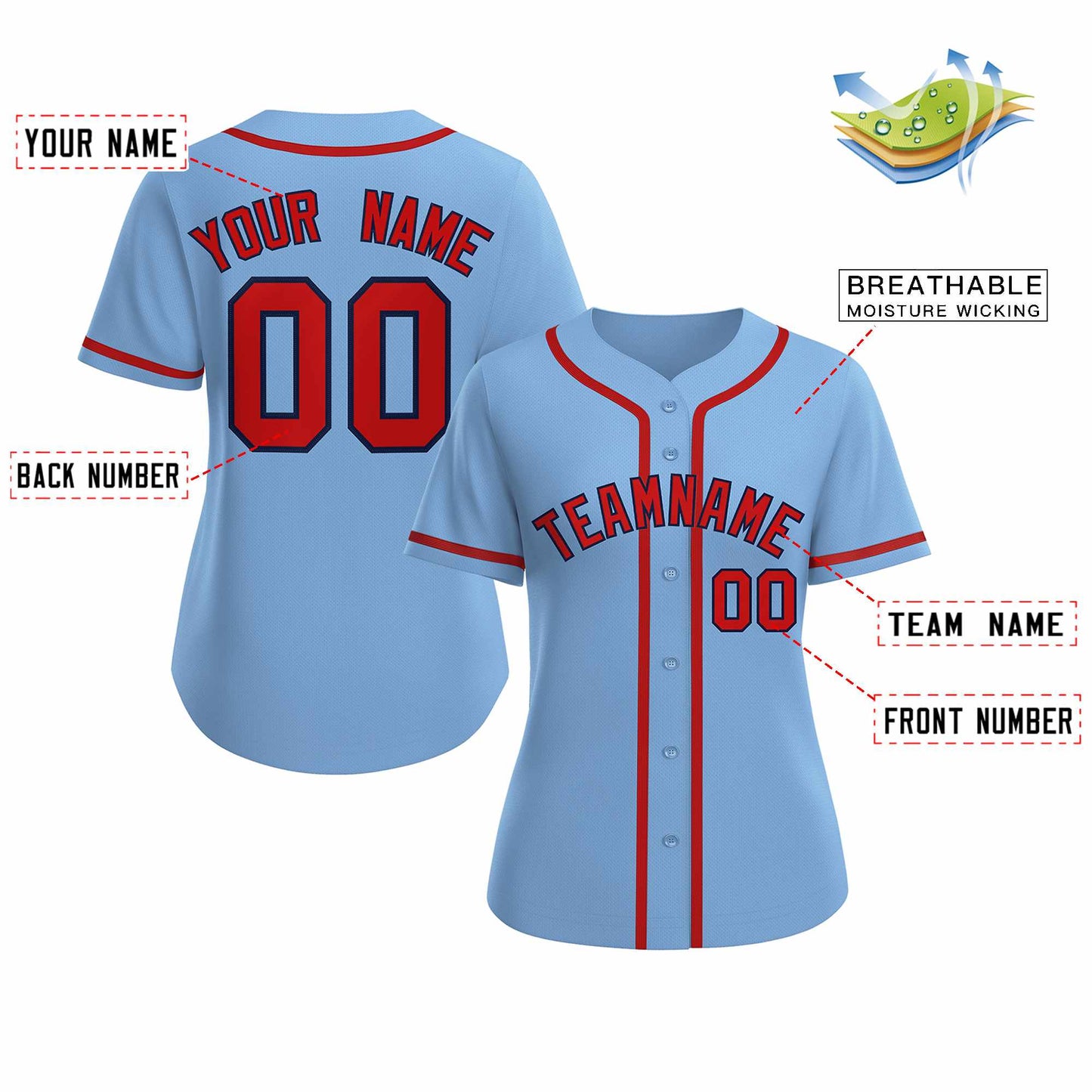 Custom Light Blue Red Navy Classic Style Baseball Jersey for Women