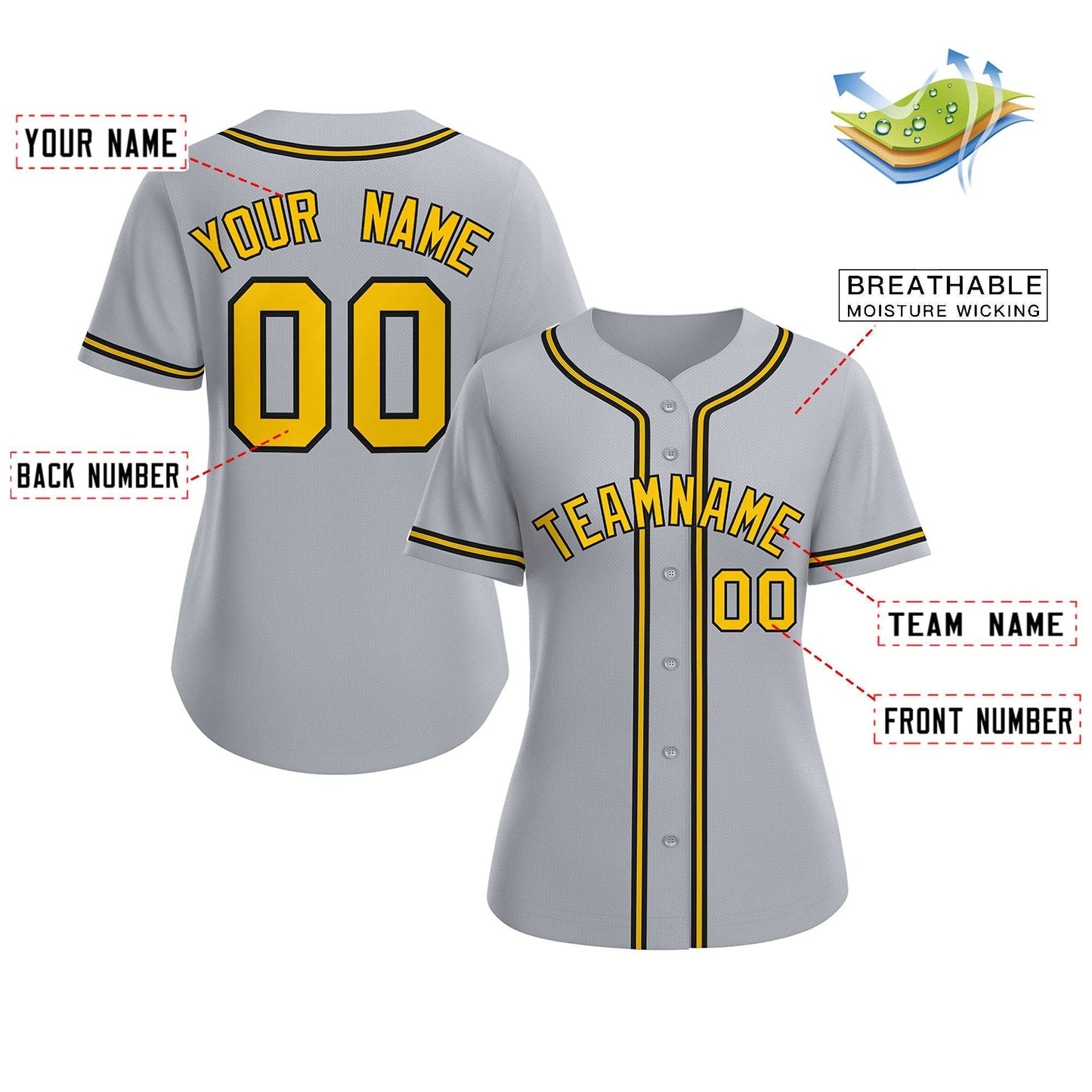 Custom Gray Gold-Black Classic Style Baseball Jersey For Women