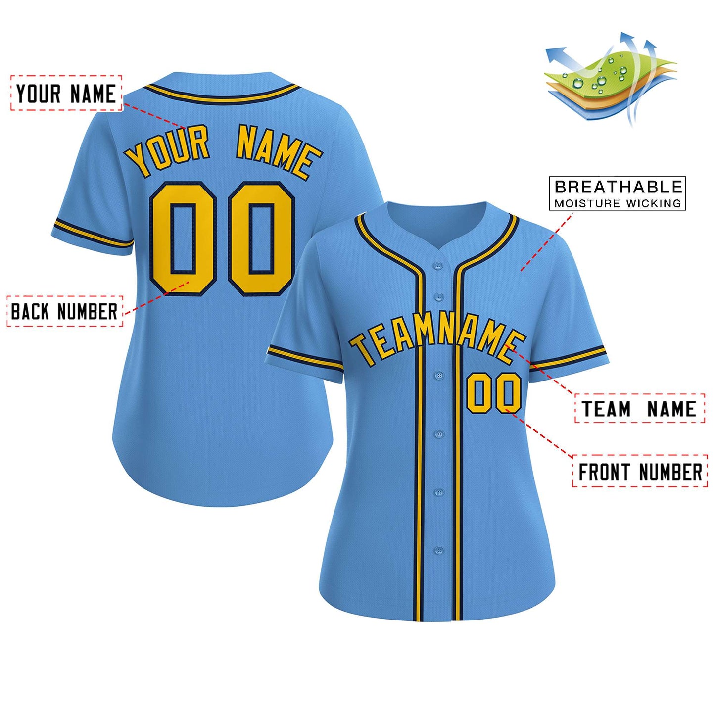 Custom Light Blue Gold-Navy Classic Style Baseball Jersey For Women