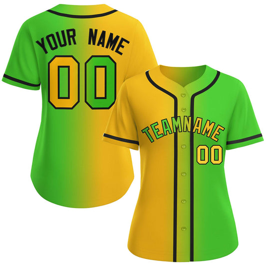 Custom Gold Green-Black Gradient Fashion Baseball Jersey For Women