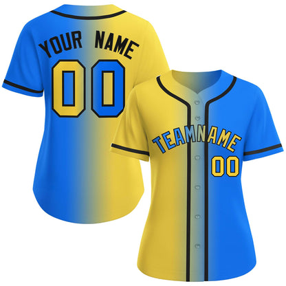 Custom Gold Light Blue-Black Gradient Fashion Baseball Jersey For Women