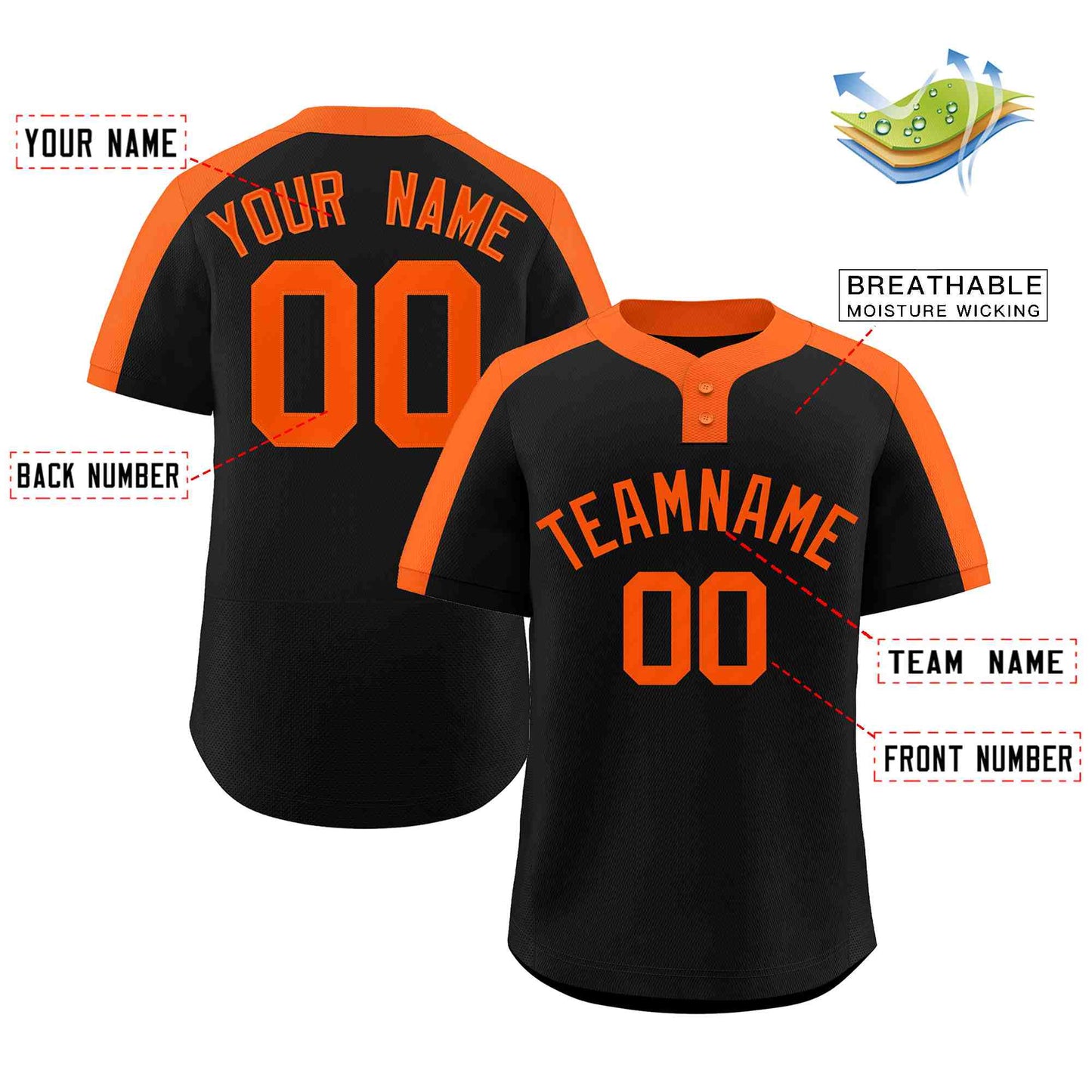 Custom Black Orange Classic Style Authentic Two-Button Baseball Jersey