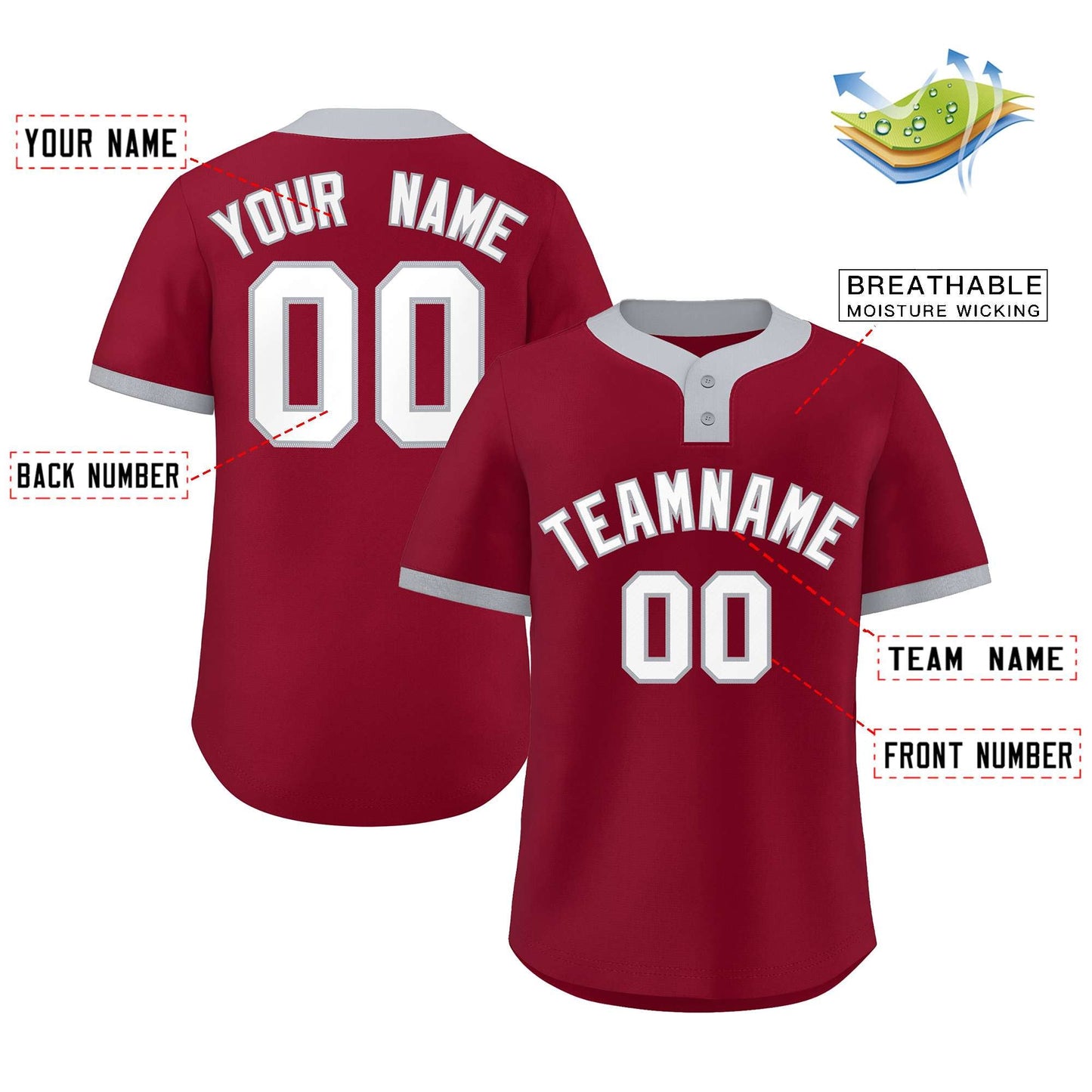 Custom Crimson White-Gray Classic Style Authentic Two-Button Baseball Jersey