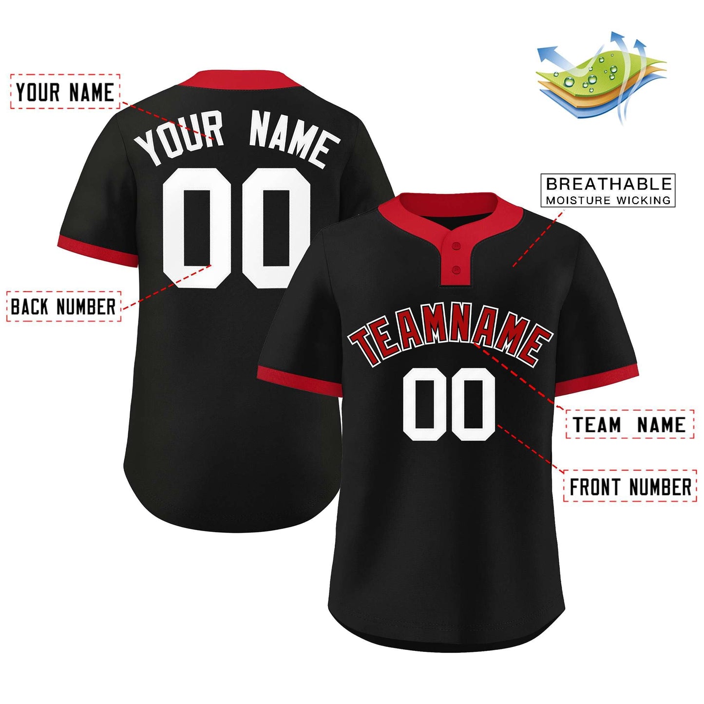 Custom Black Red-White Classic Style Authentic Two-Button Baseball Jersey