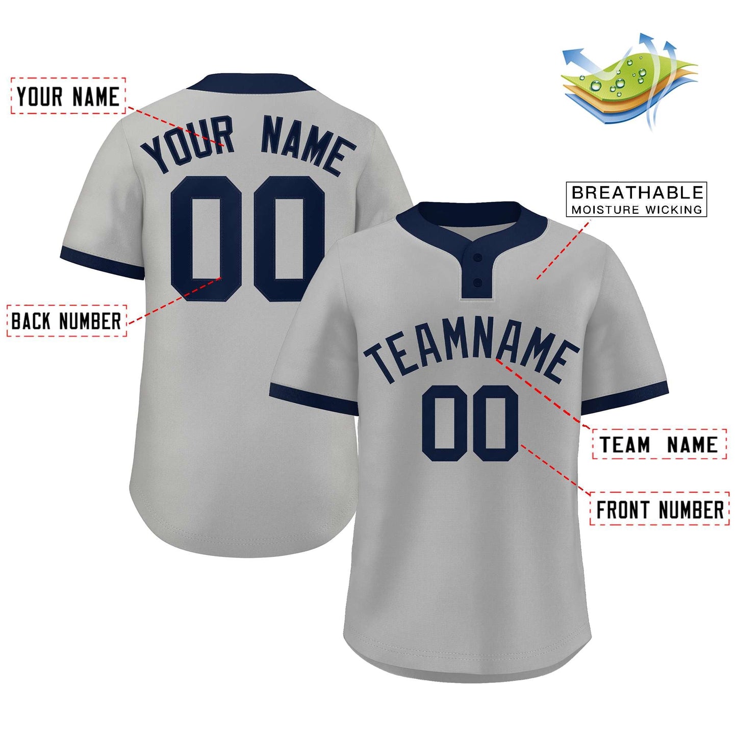 Custom Gray Navy Classic Style Authentic Two-Button Baseball Jersey