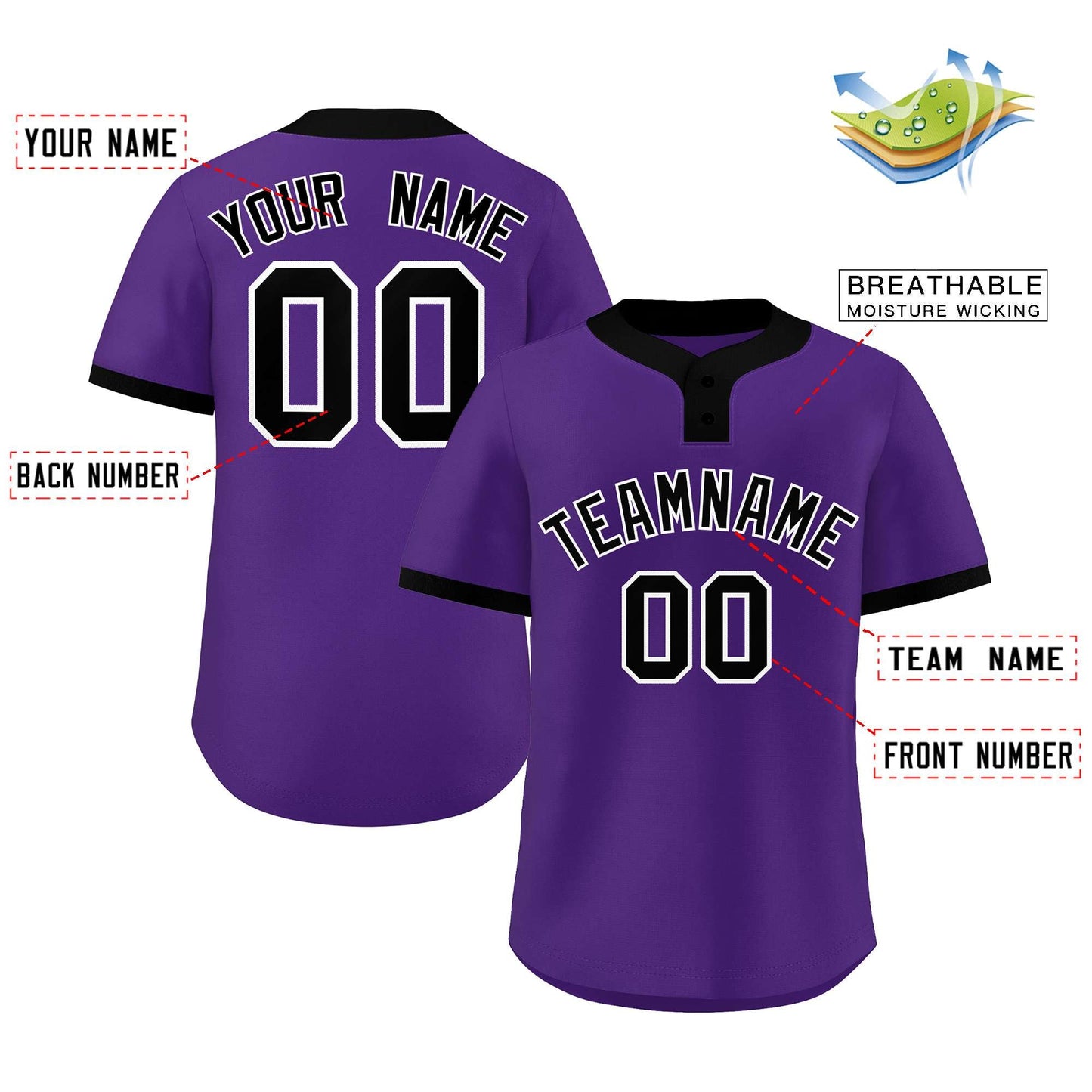 Custom Purple Black-White Classic Style Authentic Two-Button Baseball Jersey