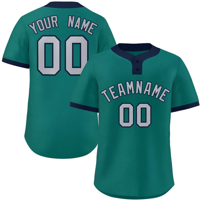 Custom Aqua Gray-Navy Classic Style Authentic Two-Button Baseball Jersey