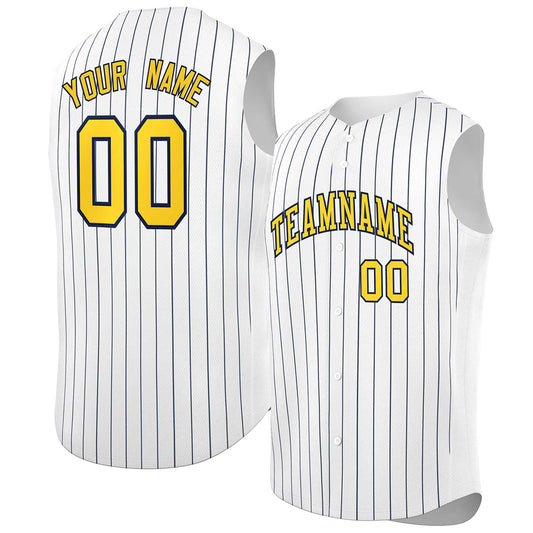 Custom White Gold-Navy Sleeveless Stripe Fashion Baseball Jersey