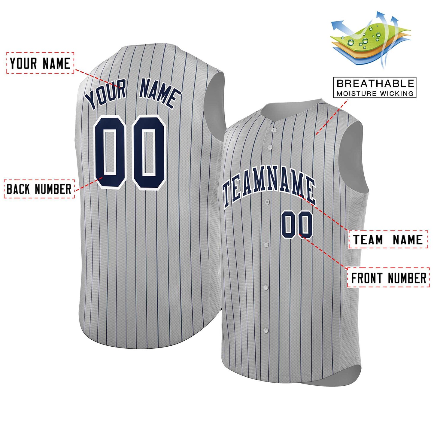 Custom Gray Navy-White Sleeveless Stripe Fashion Baseball Jersey