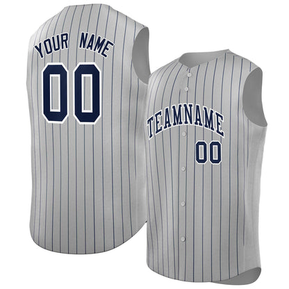 Custom Gray Navy-White Sleeveless Stripe Fashion Baseball Jersey