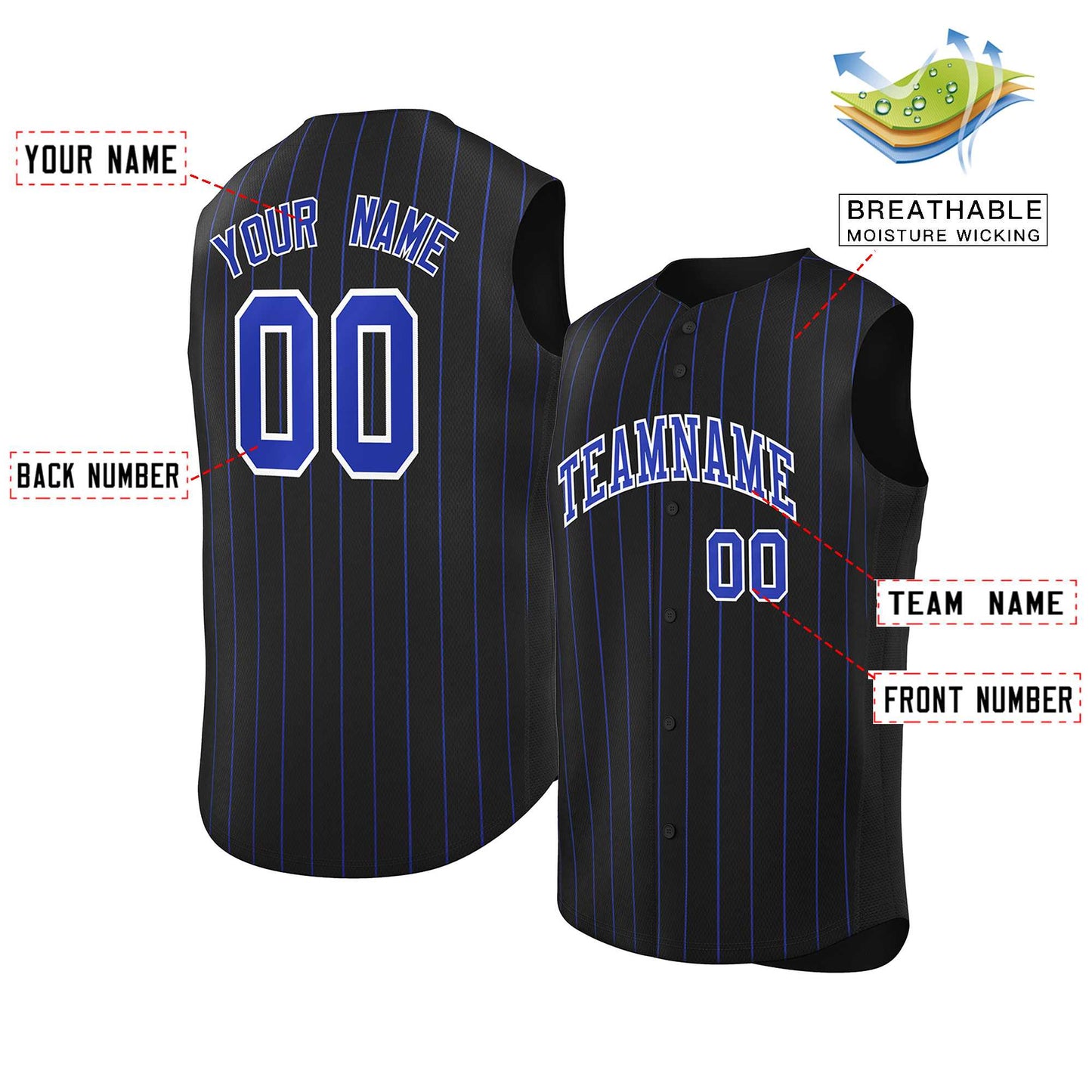 Custom Black Royal-White Sleeveless Stripe Fashion Baseball Jersey